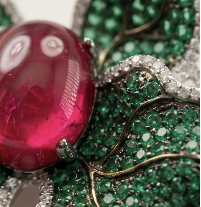 Giovanna - 18.5 carat Authentic Kashmir Ruby pave 4.2 carat Emerald .925 Sterling Silver handcrafted Pendant and Brooch - Close-up of Giovanna jewelry: 18.5ct ruby with green and clear stones.