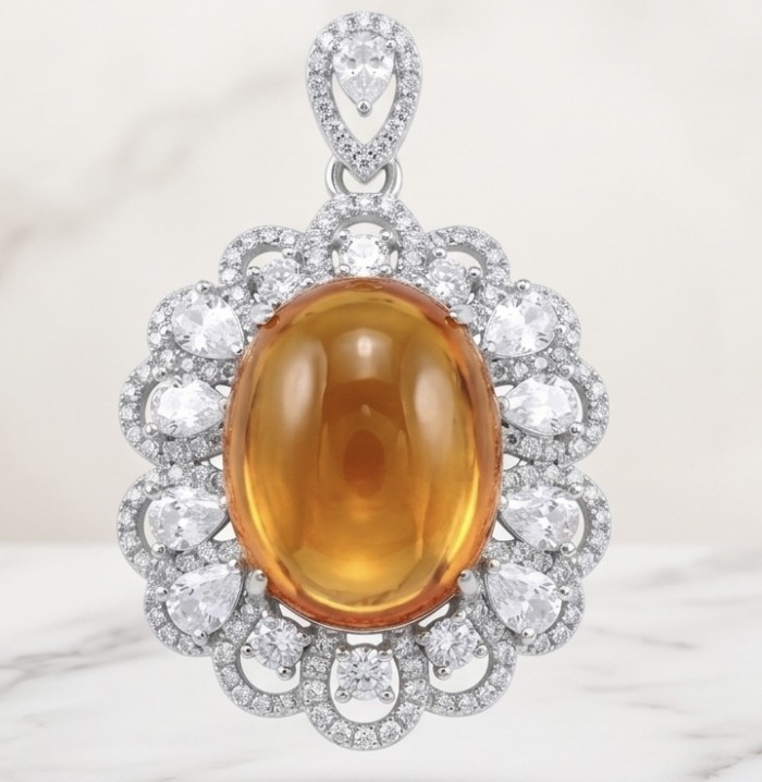 Luxury genuine Fancy 21.2 CARAT Golden Topaz rhodium over .925 Sterling Silver handmade Pendant - Golden topaz pendant with diamond halo, close-up front view.