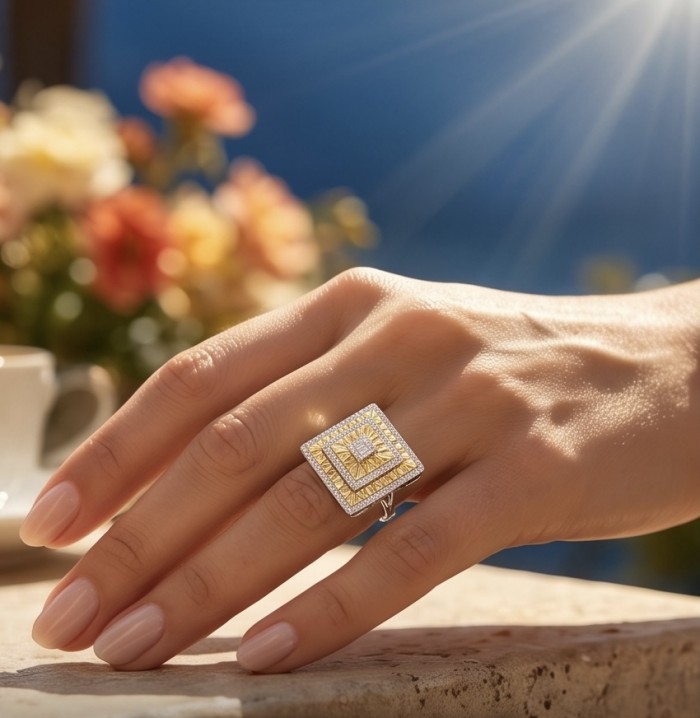 Art Deco 2.2 carat White Topaz 14K Gold over .925 Silver handcrafted Cocktail Ring s. 7 - Art Deco ring with 2.2 ct white topaz worn on hand, sunny background.