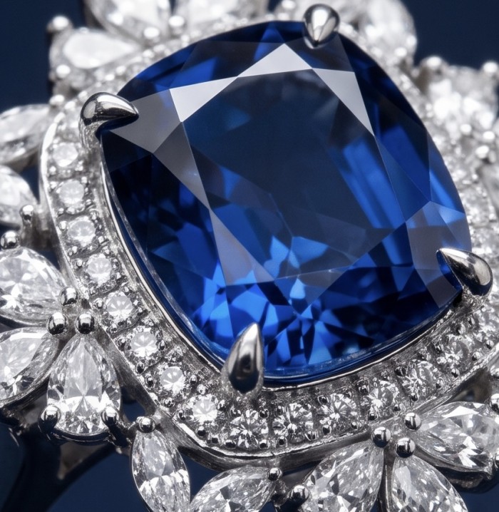 Classy design - baquette cut 8.7 carat natural Sapphire .925 Sterling Silver Perfectly handcrafted Ring s. 9 - Close-up of a sapphire and diamond ring, showing detailed stone setting.
