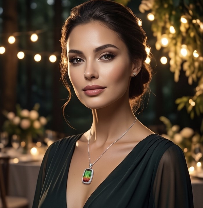 Isabella 18.2 carat baquete cut Brazilian Tourmaline .925 Sterling Silver Perfectly handcrafted pendant - Woman wearing Isabella 18.2 carat Brazilian Tourmaline necklace