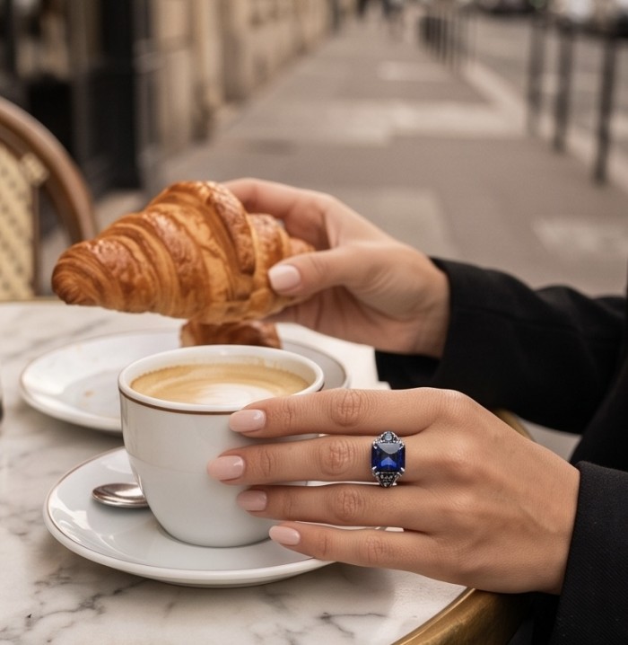 Brutalist design 19.5 carat Sapphire .925 Sterling Silver handmade Statement ring size 7 1/4 - Sapphire ring worn on hand, holding coffee and croissant.