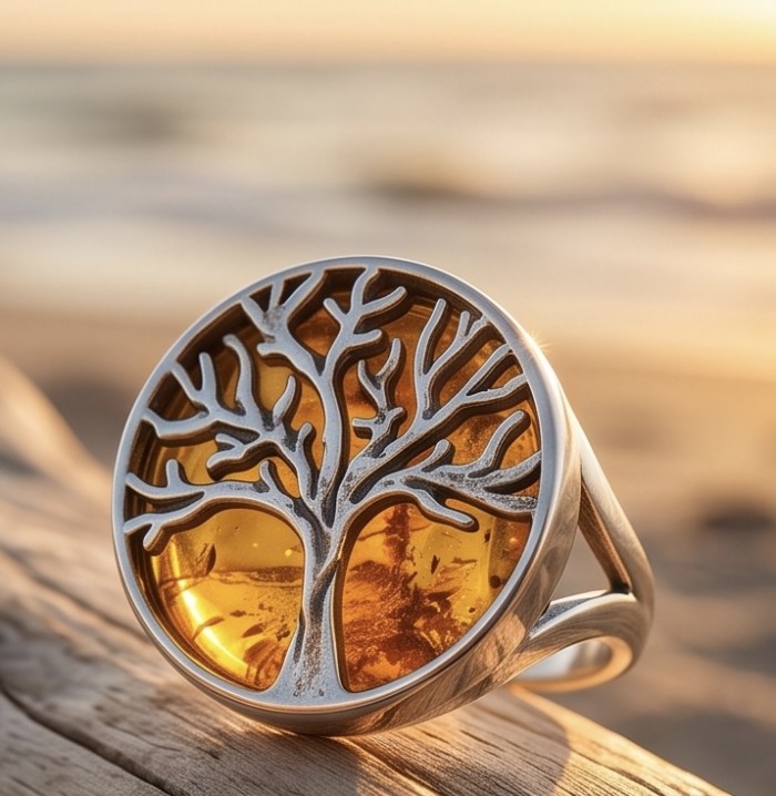 Family Tree Authentic Baltic Amber .925 Sterling Silver handcrafted ring s. 6 - Tree design amber ring, side view, on driftwood with sunset background