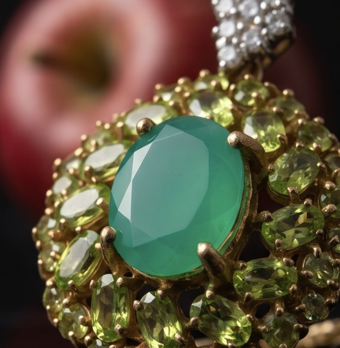 Green Royalty - 8.8 carat Colombian Emerald 6.4 carat Peridot .925 Sterling Silver dipped in 22K Gold handmade Statement pendant - Emerald and peridot stone close-up with apple background