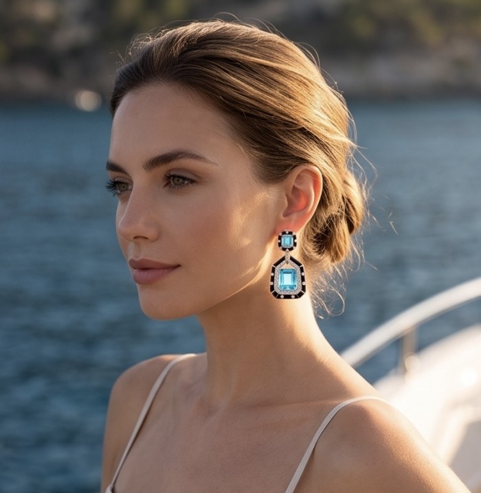Art deco Magnificent Jewel 8.4 carat SWISS BLUE TOPAZ Black enamel .925 Sterling Silver dipped in RHODIUM handcrafted incredible earrings - Side view of woman wearing art deco Swiss blue topaz earrings.