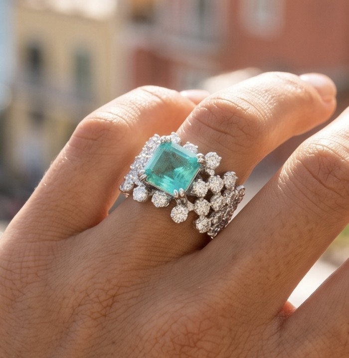 Ofelia - Authentic 44.5 CARAT natural Colombian Emerald .925 Sterling Silver dipped in rhodium handcrafted Ring size 5 1/2 - Hand wearing Ofelia ring with Colombian emerald and diamonds.