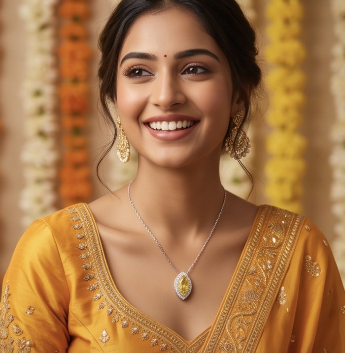 Luxurious marquise cut 10.5 carat Yellow Sapphire rhodium over .925 Sterling Silver handcrafted necklace - Woman wearing marquise cut yellow sapphire necklace, front view.