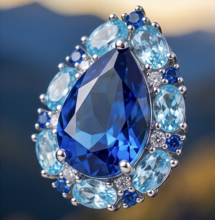 Forget-me-not 7.4 carat London Blue Topaz rhodium over .925 Sterling Silver handmade earrings - Close-up of Forget-me-not 7.4 carat London Blue Topaz ring.