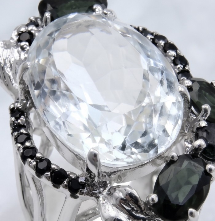 Scarlett 21.8 ctw White Topaz 3.9 carat Onyx rhodium over .925 Sterling Silver handcrafted Statement Ring size 8 - Close-up of Scarlett ring with white topaz and onyx stones