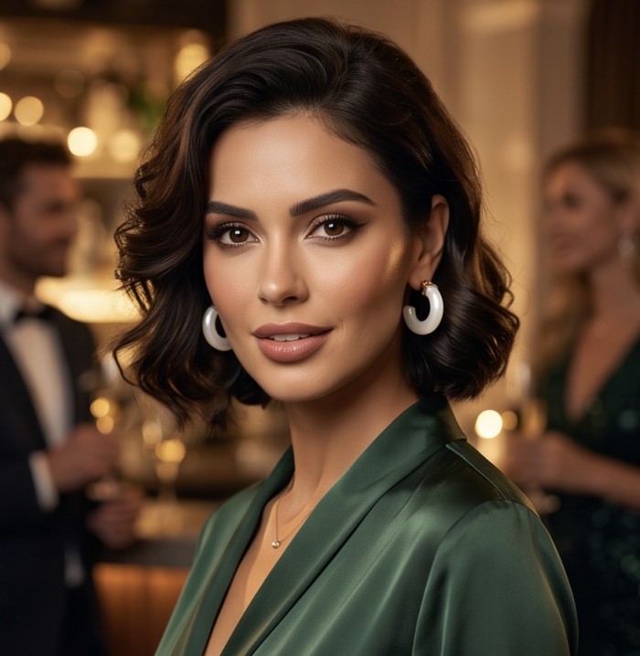 Top quality Sublime Blister Pearl 22K Gold over .925 Sterling Silver handcrafted Earrings - Woman wearing hoop earrings and a green outfit at a social event.
