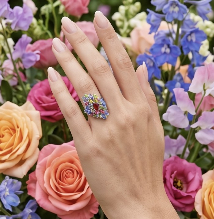 Exquisite 15.2 ctw Mozambique Ruby Multigem rhodium over .925 Sterling Silver handcrafted Statement Ring size 8 - Ruby multigem ring worn on hand amidst colorful flowers.