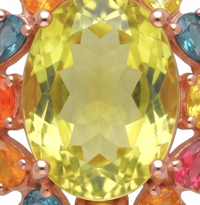 Giovanna 16.2 carat authentic oval cut Brazilian Citrine 18K Gold over .925 Sterling Silver handmade Pendant - Close-up of Giovanna 16.2 carat Brazilian Citrine and surrounding stones.