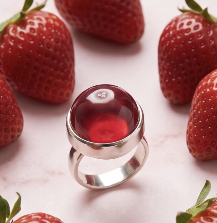 Bella Rosa Genuine 15.5 CARAT Star Ruby rhodium over .925 Sterling Silver Statement Ring size 8 - Star ruby ring close-up with strawberries in the background