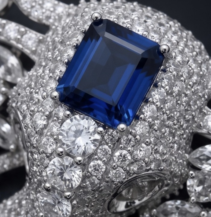 Attract YOUR Luck - ELEPHANT- 5.2 CARAT Sapphire .925 Sterling Silver dipped in rhodium handcrafted Pendant Brooch - Close-up of sapphire and diamond details on elephant jewelry piece.