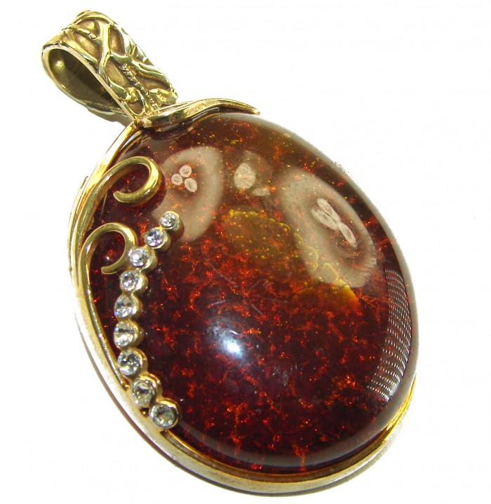 Best quality Large Cognac Baltic Amber white Crystals 14K Gold over .925 Sterling Silver handmade Pendant - photo 3