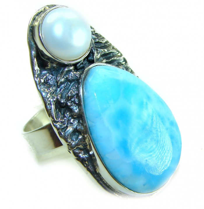 Venus- Caribbean Beauty Genuine Larimar Pearl .925 Sterling Silver handmade LARGE ring size 7 adjustable - photo 3