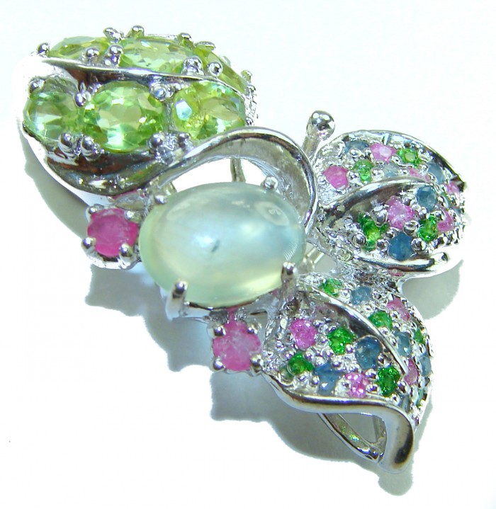 Wise Bliss Authentic 8.6 carat Prehnite Emerald Sapphire Ruby .925 Sterling Silver handmade Pendant - Close-up of 8.6 carat Prehnite, Emerald, Sapphire, Ruby jewelry piece.