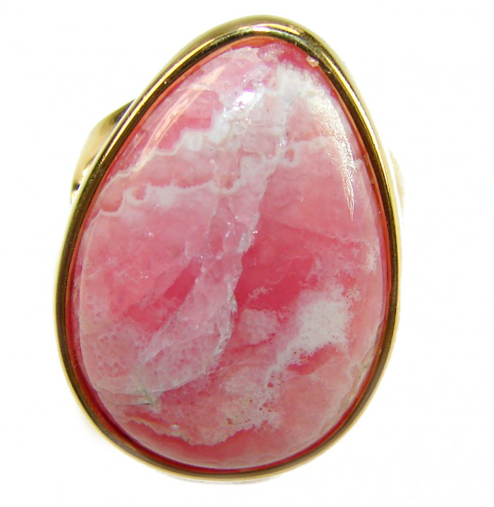 Strawberry Fields - 29.8 CARAT Argentinian Rhodochrosite 18K Gold over .925 Sterling Silver handmade ring size 8 - Rhodochrosite ring close-up with pink stone in gold setting