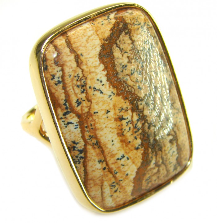 Back to Nature Huge Picture Jasper 14K Gold over .925 Sterling Silver handcrafted ring s. 8 - Close-up of Back to Nature Picture Jasper ring in gold setting.