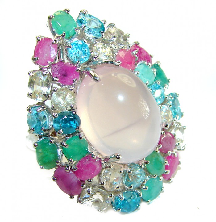 Marie Antoinette's STYLE authentic 32.5 carat Brazilian Rose Quartz .925 Sterling Silver handcrafted Statement ring; s. 8 - Close-up of Marie Antoinette's style ring with colorful gemstones.