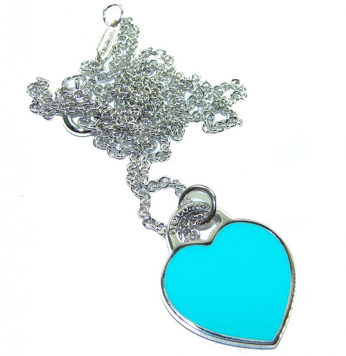 Angel's Heart inlay Turquoise .925 Sterling Silver handcrafted necklace - Heart pendant necklace with turquoise inlay, top view.