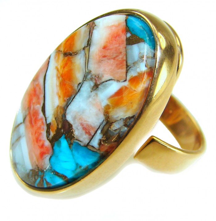 Blessed with Abundance 34.5 carat Oyster Turquoise 18K Gold over .925 Sterling Silver handcrafted Large ring; s. 7 adjustable - Close-up of Oyster Turquoise 18K gold ring displaying colorful inlay.