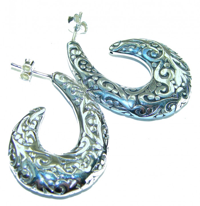 1 5/8 inches long - Free Spirit bohemian Style .925 Sterling Silver handmade Bali made Oversized Earrings - Silver filigree earrings, side view, Free Spirit bohemian style.