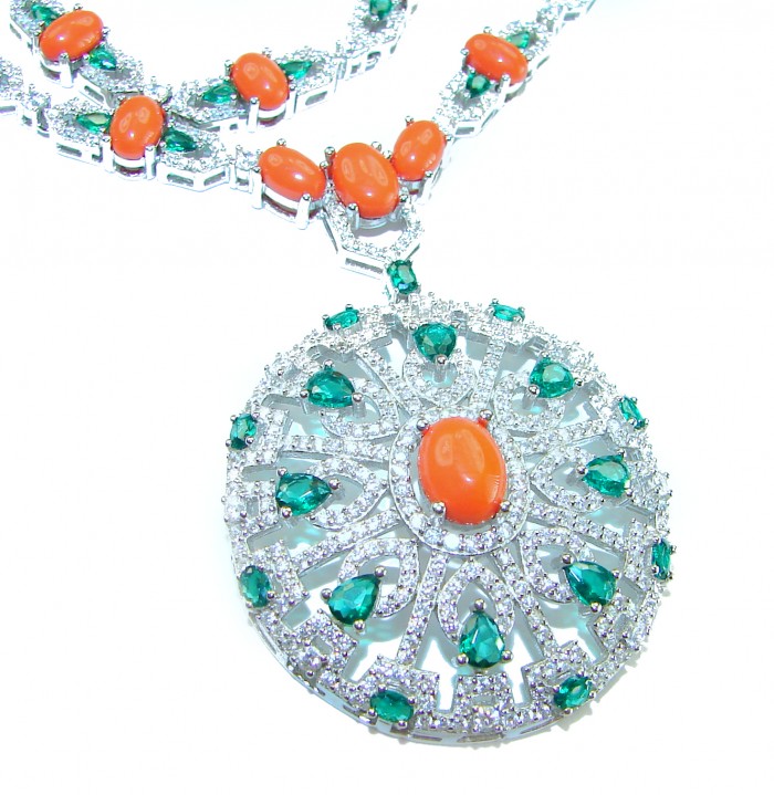 Serenity - 72.5 carat genuine Coral Emerald .925 Sterling Silver handmade Statement necklace - Close-up of Serenity necklace with coral and emerald stones.