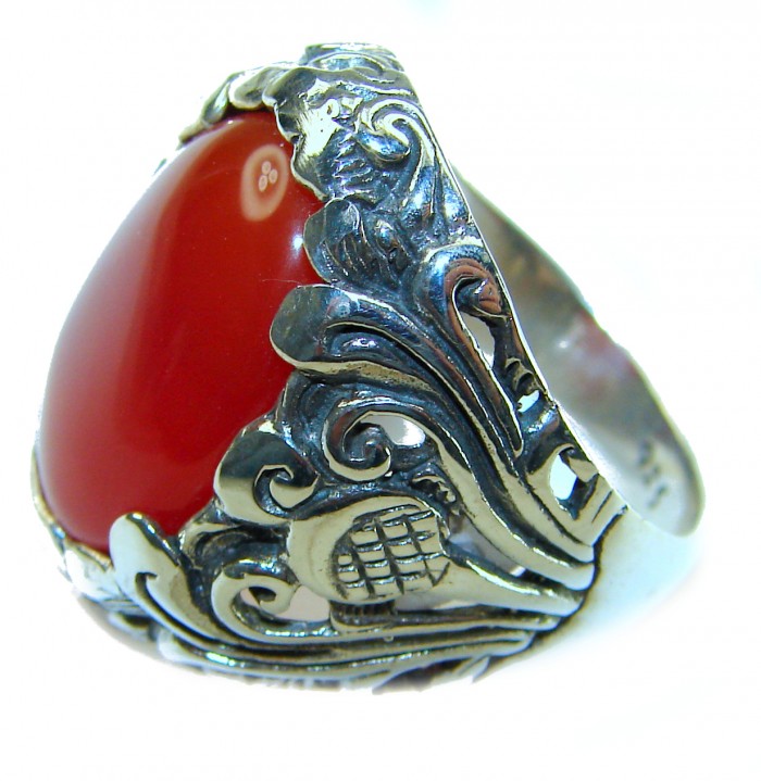 Orange Power natural Carnelian .925 Sterling Silver handmade ring s. 10 - Close-up of ornate silver ring with orange Carnelian stone