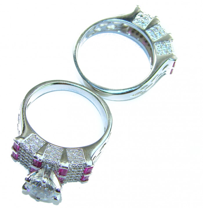 Exotic Beauty 5.5 carat Ruby .925 Sterling Silver Handcrafted Stackable Ring size 8 - Two rings with ruby and diamond detail on silver, top and side view.