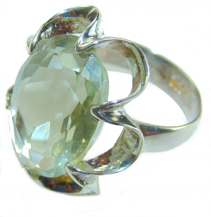 Natural 10.6 carat Green Amethyst .925 Sterling Silver ring size 5 3/4 - Close-up of green amethyst ring in .925 sterling silver setting