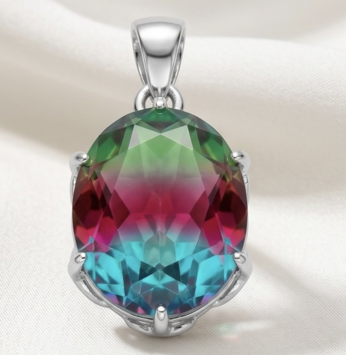 5.2 carat oval cut Brazilian Tourmaline .925 Sterling Silver Perfectly handcrafted pendant - Oval cut Brazilian Tourmaline pendant, front view on white fabric backdrop