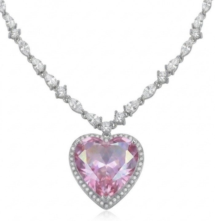 Titanic - Heart of The Ocean Necklace ~ 22.7 Ct Pink Sapphire Necklace In 925 Sterling Silver necklace - Heart-shaped pink sapphire necklace, front view.