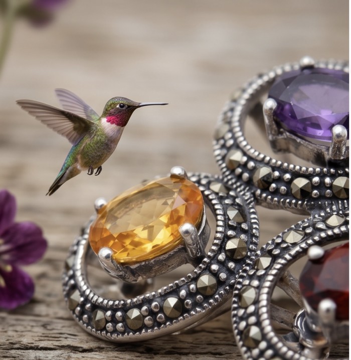 Fiesta Authentic 8.5 carat Multigem .925 Sterling Silver brilliantly handcrafted Ring size 9 - Hummingbird near Fiesta multigem sterling silver rings close-up.