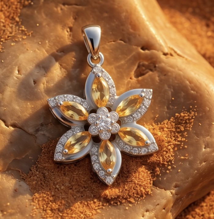 Vivien Luxurious Style - Natural 8.2 carat Citrine .925 Sterling Silver dipped in Rhodium handmade pendant - Flower-shaped citrine pendant on textured background, top view.