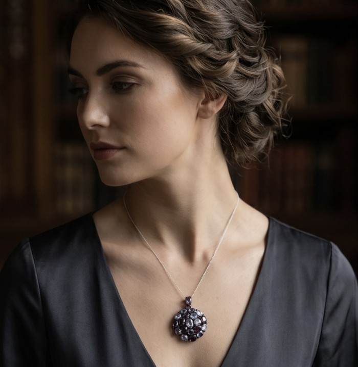 Colors of the Earth Precious Multigem .925 Sterling Silver dipped in black rhodium Pendant - Side view of woman wearing round multigem sterling silver necklace