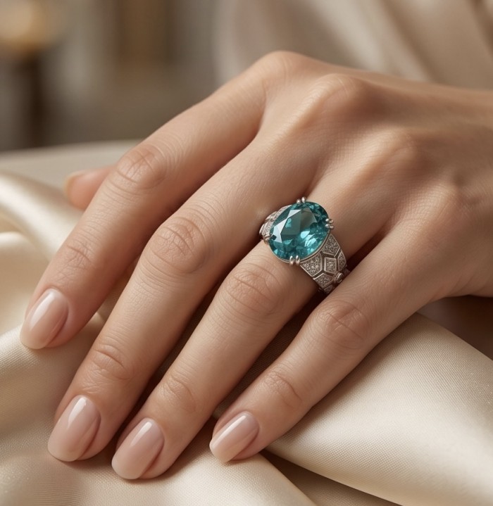 Big Surf 8.5 carat Paraiba Tourmaline .925 Sterling Silver Handcrafted Ring size 9 - Hand-worn view of Big Surf 8.5ct Paraiba Tourmaline ring in sterling silver.