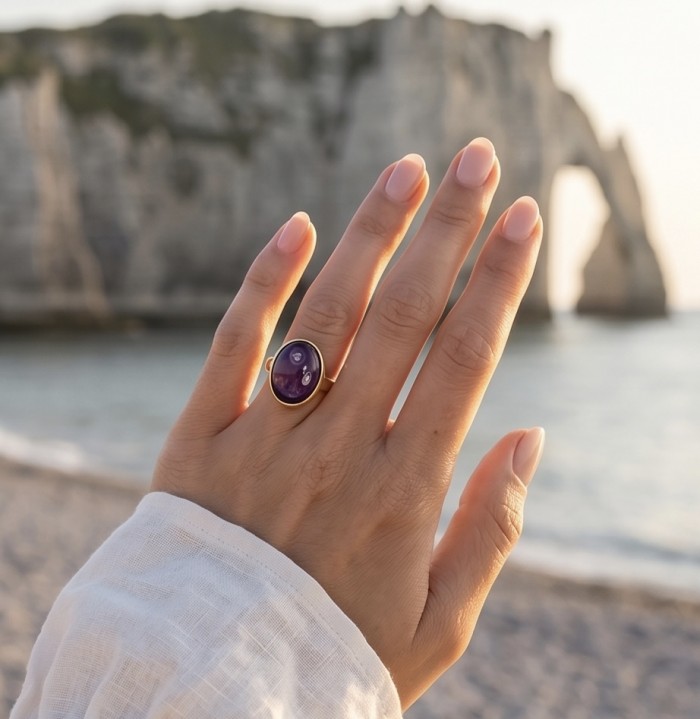 Peace 15.5 carat natural Amethyst 18K Gold over .925 Sterling Silver Handcrafted Ring size 8 adjustable - Amethyst ring on hand, beach background, 18K gold over .925 sterling.