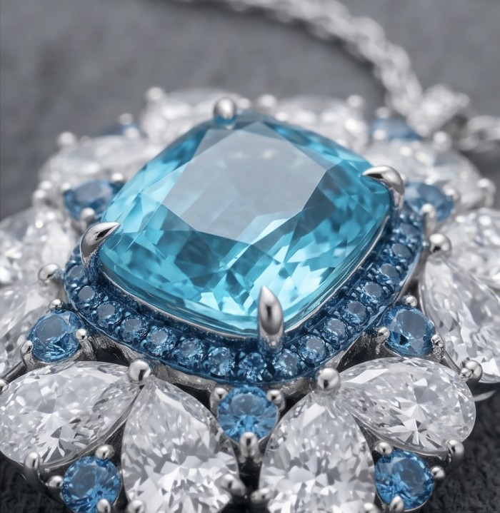 Mademoiselle - 21.5 carat natural Swiss Blue Topaz .925 Sterling Silver dipped in Rhodium handcrafted Necklace - Close-up of Mademoiselle - Swiss Blue Topaz pendant with white stones.