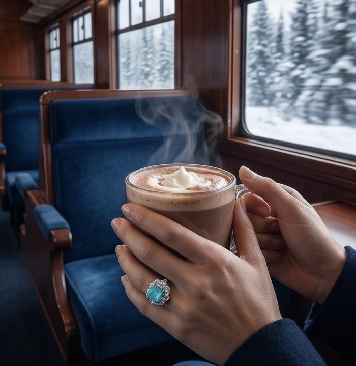 Elizabeth princess cut 14.8 carat Colombian Emerald 15.3 carat Moissanite .925 Sterling Silver dipped in Rhodium handcrafted Ring size 7 - Emerald ring worn on hand, holding hot cocoa in a cozy train setting.