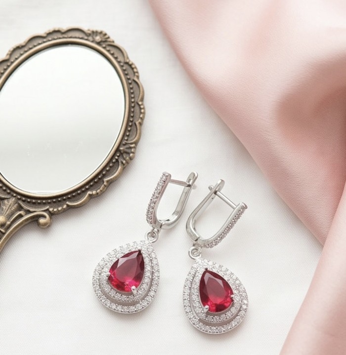 Exquisite 5.4 ctw Mozambique Ruby .925 Sterling Silver handcrafted Statement earrings - Exquisite ruby earrings with vintage mirror and soft fabric backdrop.