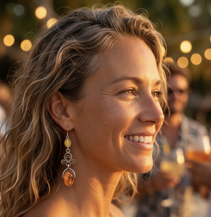 Natural Baltic Amber .925 Sterling Silver handmade earrings - Side view of woman wearing Baltic Amber sterling silver earrings