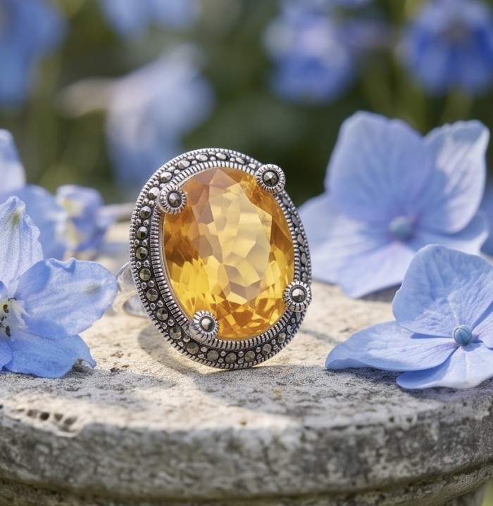 Authentic oval cut 31.2 carat Golden Topaz rhodium over .925 Sterling Silver ring s. 8 - Close-up of oval cut Golden Topaz ring with intricate setting detail.