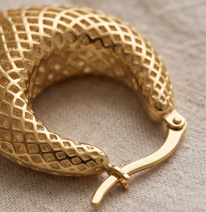 Black Label Collection - Dubai Style - Natural 22K Gold over .925 Sterling Silver handmade earrings - Close-up of gold hoop clasp detail, Black Label Collection.