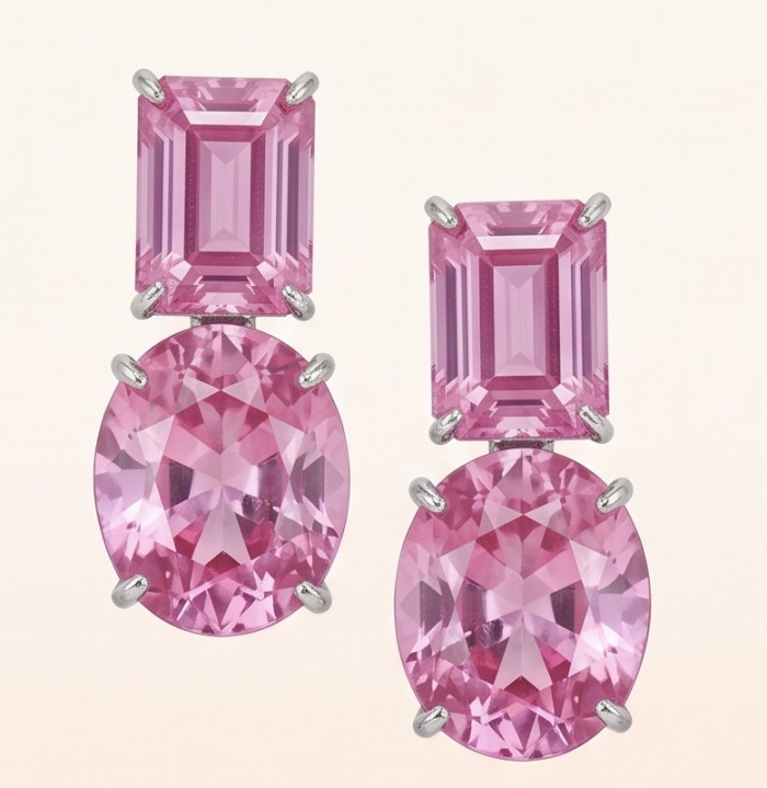 Large - Tiffany - authentic oval cut 29.7 carat Pink Sapphire .925 Sterling Silver handcrafted Earrings - Close-up of Tiffany pink sapphire drop earrings with oval and emerald cuts.
