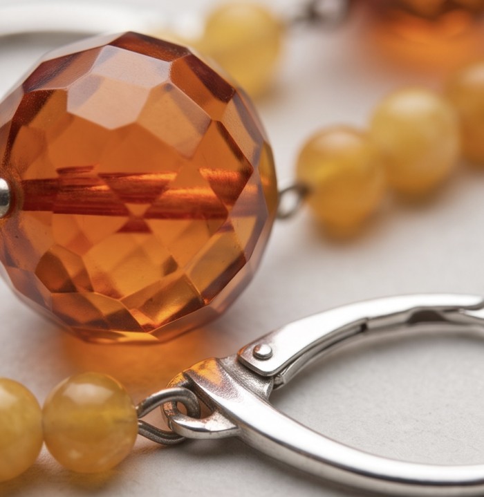 Very Special product - Wonderful natural Buttescotch Baltic Amber .925 Sterling Silver entirely handcrafted earrings - Close-up of faceted amber bead and clasp detail in jewelry piece.
