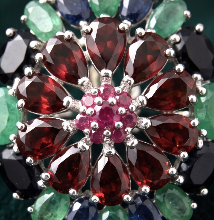 Giovanna - 27.5 carat Mozambique Ruby Colombian Emerald .925 Sterling Silver handcrafted incredible earrings - Close-up of Giovanna jewelry; Mozambique ruby and Colombian emerald design.