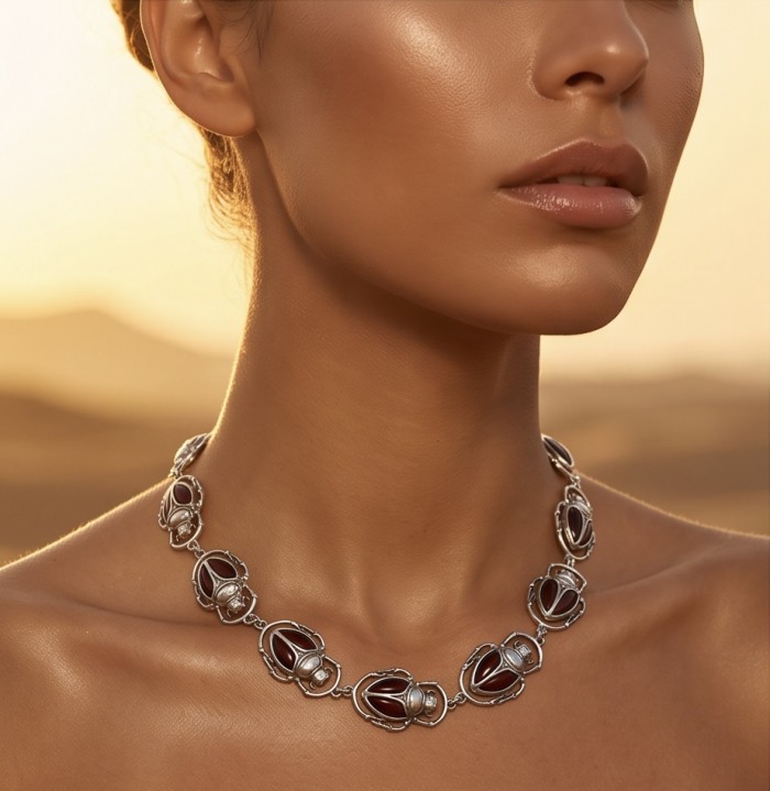 Unique creation - The Egyptian Scarab Beetles natural Baltic Amber .925 Sterling Silver entirely handcrafted necklace - Necklace worn, Egyptian Scarab Beetles, sunset background.