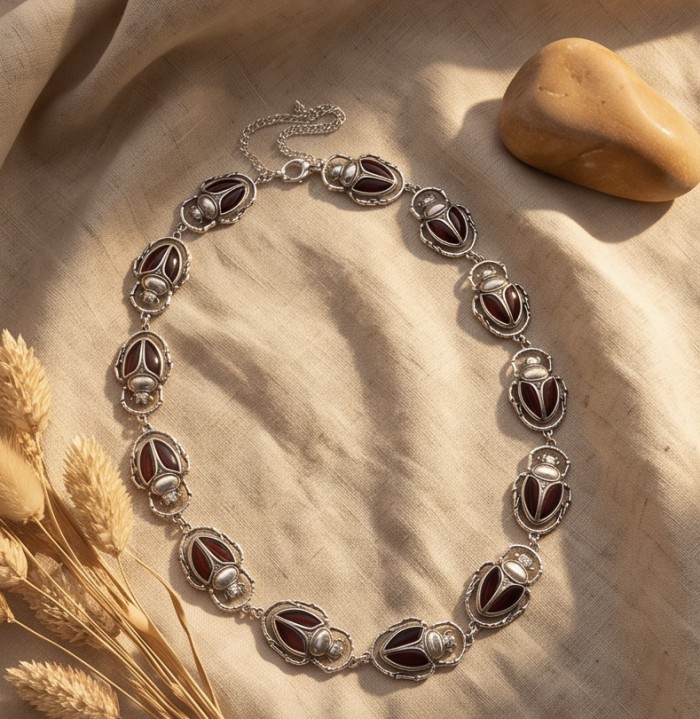 Unique creation - The Egyptian Scarab Beetles natural Baltic Amber .925 Sterling Silver entirely handcrafted necklace - Necklace with Egyptian scarab beetles on fabric with stone and wheat.