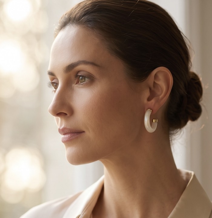Top quality Sublime Blister Pearl 22K Gold over .925 Sterling Silver handcrafted Earrings - Side view of model wearing Blister Pearl 22K Gold hoop earring.